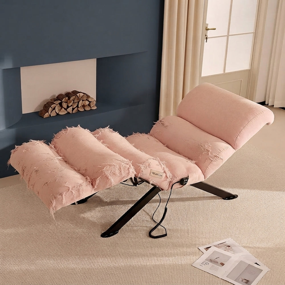 A worn pink power recliner in a modern living room showing signs of fabric wear and fading.